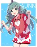  1girl artist_name blush border cloud_print cowboy_shot curly_hair dated green_eyes green_hair horns kariyushi_shirt komano_aunn long_hair makuwauri open_mouth red_shirt shirt short_sleeves shorts signature single_horn smile solo touhou white_border white_shorts 