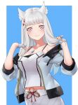  1girl absurdres alternate_costume animal_ear_fluff animal_ears blush border cat_ears chest_jewel closed_mouth collarbone commentary commission cosplay crossover english_commentary fingerless_gloves fire_emblem fire_emblem:_three_houses gloves grey_gloves hand_in_own_hair highres igni_tion jacket long_hair looking_at_viewer lysithea_von_ordelia mio_(xenoblade) mio_(xenoblade)_(cosplay) off_shoulder open_clothes open_jacket outside_border pink_eyes skirt smile solo tank_top tassel white_border white_hair white_skirt white_tank_top xenoblade_chronicles_(series) xenoblade_chronicles_3 zipper 