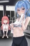  2girls abs ahoge barbell blue_eyes blue_hair blurry blush closed_eyes depth_of_field gym highres hololive hoshimachi_suisei long_hair looking_at_viewer low_twintails midriff multiple_girls navel otsu_hai18 pants ponytail red_hair sakura_miko sports_bra squatting sweat towel twintails virtual_youtuber weightlifting yoga_pants 