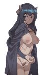  1girl black_cape black_eyes black_hair blush bow_(bhp) breasts cape closed_mouth cowboy_shot female_pubic_hair horns inverted_nipples large_breasts looking_at_viewer naked_cape nipples original own_hands_together pubic_hair simple_background solo standing white_background 