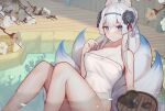  1girl absurdres animal_ears bare_arms bare_shoulders bathing blue_eyes blue_hairband blush breasts character_request cleavage clover_theater commentary commission cup cyanide-whale english_commentary flower fox_ears fox_girl fox_tail hair_ornament hairband hand_up highres kitsune large_breasts looking_at_viewer multiple_tails naked_towel revision solo tail towel water white_flower white_hair 