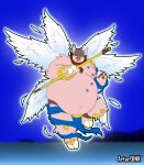  2022 absurd_res angemon anthro armor artur_oink bandai_namco belly big_belly digimon digimon_(species) domestic_pig headgear helmet hi_res male mammal moobs nipples obese obese_male overweight overweight_male solo suid suina sus_(pig) weapon wings 