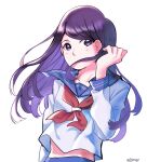  1girl altorav artist_name black_hair long_hair long_sleeves midriff_peek mob_psycho_100 neckerchief purple_eyes red_neckerchief school_uniform serafuku shirt solo takane_tsubomi upper_body white_background white_shirt 