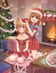  absurdres atorie bell blue_eyes blush cat_girl christmas christmas_stocking christmas_tree embarrassed fire_emblem fire_emblem:_radiant_dawn fireplace hat highres kneeling lethe_(fire_emblem) mist_(fire_emblem) neck_bell purple_eyes santa_hat smile tail 
