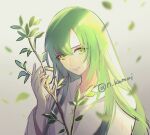  1other ambiguous_gender androgynous bangs closed_mouth commentary_request enkidu_(fate) fate/extra fate/extra_ccc fate/grand_order fate/strange_fake fate/zero fate_(series) gradient gradient_background green_eyes green_hair holding holding_stick leaf light_green_hair long_hair long_sleeves looking_at_viewer n_kamui robe smile stick toga twitter_username upper_body very_long_hair white_robe 