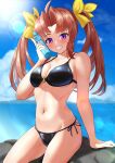  1girl absurdres ahoge bikini black_bikini blue_sky bottle breasts brown_hair cleavage cloud cowboy_shot day dorachan_r grin hair_ribbon highres kagerou_(kancolle) kantai_collection lens_flare lips looking_at_viewer medium_breasts o-ring o-ring_bikini ocean outdoors ramune ribbon rock side-tie_bikini sky smile solo sun swimsuit twintails yellow_ribbon 