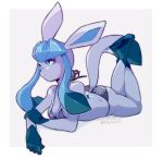  5_fingers anthro bikini bikini_bottom bikini_top blue_body blue_eyes breasts butt cleavage clothed clothing coffeechicken eeveelution feet female fingers glaceon lying nintendo on_front pawpads pok&eacute;mon pok&eacute;mon_(species) simple_background solo swimwear video_games 