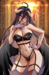  1girl ahoge albedo_(overlord) ass_visible_through_thighs black_garter_belt black_hair black_thighhighs blush breasts contrapposto demon_girl demon_horns demon_wings foxyreine gloves hand_on_hip highres horns jewelry large_breasts licking licking_finger lingerie long_hair navel navel_piercing neck_ring overlord_(maruyama) piercing pink_gloves raised_eyebrows red_nails skindentation sol solo thighhighs tongue tongue_out underwear very_long_hair wings zipper zipper_pull_tab 