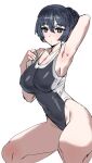  1girl arm_behind_head armpits black_hair black_swimsuit blue_eyes blush bow_(bhp) breasts cleavage closed_mouth competition_swimsuit hands_up highleg highleg_swimsuit kneeling large_breasts looking_at_viewer one-piece_swimsuit original presenting_armpit simple_background solo swimsuit white_background 