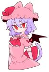  1girl animal_ears ascot bat_wings brooch cat_ears cat_tail collared_shirt ears_through_headwear elbow_gloves fang frilled_shirt_collar frilled_sleeves frills gloves hat hat_ribbon highres jewelry light_purple_hair mob_cap op_na_yarou pink_headwear pink_shirt pink_skirt puffy_short_sleeves puffy_sleeves red_ascot red_eyes red_ribbon remilia_scarlet ribbon shirt short_hair short_sleeves simple_background skirt skirt_set slit_pupils solo tail touhou white_background wings 