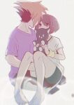  1boy 1girl altorav barefoot blurry blurry_foreground brown_eyes brown_hair carrying couple eye_contact green_shorts hetero highres holding holding_stuffed_toy looking_at_another misaki_shiki nyantan princess_carry purple_shirt sakuraba_neku shin_subarashiki_kono_sekai shirt short_hair shorts simple_background spiked_hair spoilers stuffed_toy subarashiki_kono_sekai white_background white_shirt wristband 