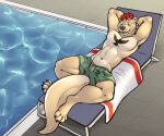  absurd_res anthro bottomwear camo camo_print clothing fur fur_markings hair hi_res jonas-puppeh lounging lutrine lying male mammal markings mustelid on_back pool_chair poolside red_hair schwartz_otter shorts solo swimwear tan_body tan_fur towel water 