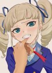  1boy 1girl absurdres aikatsu! aikatsu!_(series) bangs blonde_hair blue_ribbon blunt_bangs blush drill_hair fangs finger_to_another&#039;s_mouth green_eyes hair_ribbon heavy_breathing highres looking_at_another looking_at_viewer osame pov pov_hands ribbon school_uniform simple_background solo_focus starlight_academy_uniform sweat teeth toudou_yurika twin_drills upper_body 