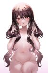  1girl :o breasts brown_eyes brown_hair collarbone commentary completely_nude flower-shaped_pupils genshin_impact gradient gradient_background hair_between_eyes hair_censor hair_over_breasts hands_up highres holding holding_hair hu_tao_(genshin_impact) legs_together long_hair looking_at_viewer navel neit_ni_sei nude pink_background revision sitting small_breasts solo symbol-shaped_pupils very_long_hair white_background 