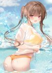  1girl :d ass bangs bikini blue_sky blush breasts brown_hair cloud commentary_request day hair_between_eyes hair_intakes long_hair looking_at_viewer looking_back medium_breasts original outdoors pon_(ponidrop) red_eyes see-through shirt short_sleeves sky smile solo swimsuit twintails twisted_torso very_long_hair water wet wet_clothes wet_shirt white_shirt yellow_bikini 