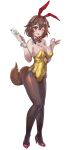  1girl animal_ears blush bone_hair_ornament bow bow_(bhp) bowtie braid brown_eyes brown_hair brown_pantyhose contrapposto covered_navel dog_ears dog_tail fake_animal_ears full_body gold_leotard hair_bow hair_ornament hairclip hands_up high_heels hololive inugami_korone leotard listener_(inugami_korone) looking_at_viewer ok_sign one_eye_closed pantyhose playboy_bunny red_bow red_bowtie red_footwear shoes side-tie_leotard simple_background smile solo tail traditional_bowtie white_background yellow_leotard 