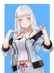  1girl absurdres alternate_costume blush border chest_jewel closed_mouth collarbone commentary commission cosplay crossover english_commentary fingerless_gloves fire_emblem fire_emblem:_three_houses gloves grey_gloves hand_in_own_hair highres igni_tion jacket long_hair looking_at_viewer lysithea_von_ordelia mio_(xenoblade) mio_(xenoblade)_(cosplay) off_shoulder open_clothes open_jacket outside_border pink_eyes skirt smile solo tank_top tassel white_border white_hair white_skirt white_tank_top xenoblade_chronicles_(series) xenoblade_chronicles_3 zipper 