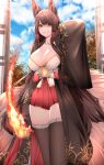  1girl absurdres akagi_(azur_lane) animal_ears azur_lane blue_sky breasts brown_hair brown_thighhighs cleavage cloud dated_commentary day fire fox_ears fox_girl fox_tail highres japanese_clothes large_breasts long_hair looking_at_viewer outdoors red_eyes red_skirt samip skirt sky smile standing tail thighhighs thighs wide_sleeves zettai_ryouiki 