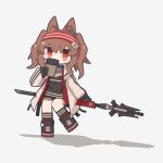  1girl absurdres angelina_(arknights) animal_ears arknights black_footwear black_shirt black_shorts black_socks brown_hair chibi coat coffee_cup cup def_aki disposable_cup earpiece fox_ears fox_girl hair_ornament hairband hairclip highres holding holding_cup holding_staff long_hair looking_at_viewer open_clothes open_coat red_eyes red_hairband shadow shirt shoes short_shorts shorts simple_background socks solo staff striped striped_hairband twintails white_background white_coat 