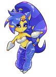  absurd_res animal_crossing ankha_(animal_crossing) anthro belly_dancer blue_hair bra breasts cleavage clothed clothing domestic_cat egyptian_headdress eyeshadow felid feline felis female frown fusion hair hi_res makeup mammal nintendo ponytail shantae_(series) simple_background solo starrybuns underwear video_games wayforward white_background 