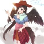  1girl bandana black_hair black_wings blue_bandana blue_shirt blush brown_eyes brown_headwear brown_skirt cowboy_hat cowboy_shot dated feathered_wings hat horse_tail kurokoma_saki long_hair makuwauri open_mouth pegasus_wings pleated_skirt ponytail shirt short_sleeves skirt smile solo tail touhou wings 