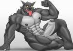  abs anthro areola balls canid canine canis fangs flexing foreskin fur genitals glans glistening glistening_body grey_body grey_fur grey_glans humanoid_genitalia humanoid_penis looking_at_viewer male mammal multicolored_body muscular muscular_anthro muscular_male navel nipples penis pubes silentknightowl sitting sitting_on_ground solo tongue tongue_out two_tone_body were werecanid werecanine werewolf white_body wolf 