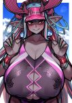  1girl absurdres bangs blue_hair blush breasts colored_skin fate/grand_order fate_(series) grey_skin hair_between_eyes highres horns huge_breasts ibuki_douji_(fate) ibuki_douji_(first_ascension)_(fate) ibuki_douji_(swimsuit_berserker)_(fate) koohiitei_shinbo long_hair looking_at_viewer multicolored_hair oni oni_horns pink_hair pointy_ears red_eyes sidelocks tail 