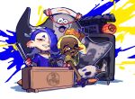  1boy 2girls ;d big_man_(splatoon) blonde_hair blue_hair blue_skin chest_sarashi clothing_cutout colored_eyelashes colored_skin cross-shaped_pupils dark-skinned_female dark_skin earrings fangs folded_fan folding_fan food food_on_head forehead frye_(splatoon) gradient_skin grin hachimaki hair_over_one_eye hand_fan harem_pants headband highres holding holding_fan jewelry lantern long_hair manta_ray multicolored_hair multicolored_skin multiple_earrings multiple_girls nejiri_hachimaki object_on_head octarian one_eye_closed orange_eyes paint_splatter pants paper_lantern poncho purple_hair red_eyes red_skin sarashi see-through shiver_(splatoon) smile splatoon_(series) splatoon_3 su_ke234 suction_cups teeth television tempura tentacle_hair two-tone_hair two-tone_skin white_pants 