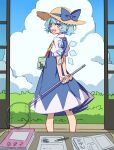  1girl absurdres animal blue_dress blue_eyes blue_hair blush_stickers bug butterfly_net cirno detached_wings dress eraser fairy fang hand_net hat highres holding holding_butterfly_net ice ice_wings kame_(kamepan44231) open_mouth paper pencil short_hair short_sleeves skin_fang smile solo straw_hat sun_hat touhou wings 