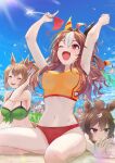  6+girls ahoge animal_ears arms_up bangs bikini breasts brown_hair cleavage clenched_hand closed_eyes closed_mouth cloud copano_rickey_(umamusume) fang flag glint green_bikini hand_in_own_hair haru_urara_(umamusume) highres holding holding_flag horse_ears horse_girl horse_tail index_finger_raised large_breasts lens_flare long_hair medium_breasts medium_hair mihono_bourbon_(umamusume) multicolored_hair multiple_girls nabe_saori navel open_mouth outdoors ponytail red_eyes rice_shower_(umamusume) sakura_bakushin_o_(umamusume) sand shinko_windy_(umamusume) sitting skin_fang smile solo_focus sparkle string_of_flags sweat swimsuit taiki_shuttle_(umamusume) tail two-tone_hair umamusume 