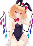  1girl :o animal_ears bare_legs bare_shoulders black_bow black_bowtie black_leotard blonde_hair blush bow bowtie breasts cleavage crystal detached_collar fake_animal_ears flandre_scarlet hair_between_eyes leotard looking_at_viewer medium_hair rabbit_ears red_eyes side_ponytail simple_background sitting small_breasts solo thighs tosakaoil touhou white_background wings wrist_cuffs 