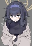  1girl black_eyes black_hair blue_archive breasts grey_background hair_between_eyes hairband halo highres kitou_sakeru long_hair messy_hair pointy_breasts steam steaming_body sweater sweaty_clothes turtleneck ui_(blue_archive) wet wet_clothes 