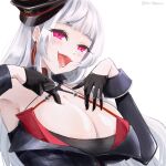  1girl azur_lane black_gloves black_headwear breasts cleavage criss-cross_halter detached_sleeves gloves half_gloves halterneck hatte_(bsrmkr) highres huge_breasts long_hair open_mouth purple_eyes simple_background solo upper_body white_background white_hair yorck_(azur_lane) 