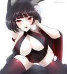  1girl animal_ears azur_lane bare_shoulders black_dress black_hair breasts center_opening cleavage detached_sleeves dress hand_in_own_hair hatte_(bsrmkr) highres kneeling large_breasts looking_at_viewer mask mask_on_head pale_skin red_eyes red_thighhighs short_hair simple_background skindentation solo thighhighs torn_clothes torn_legwear white_background yamashiro_(azur_lane) yamashiro_(meta)_(azur_lane) 