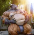  2_horns 5_fingers anthro belly bench big_muscles big_nipples black_nipples blurred_background bovid bovine brown_body brown_fur cattle dusk_stillwater facial_piercing fingers fur hand_on_stomach hands_on_belly hi_res horn jugg4 looking_at_viewer male mammal musclegut muscular muscular_anthro muscular_male navel nipple_piercing nipple_ring nipples nose_piercing nose_ring noted overweight overweight_anthro overweight_male park pecs piercing ring_piercing sitting solo spots veiny_muscles 