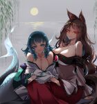  2girls absurdres animal_ears blue_eyes blue_hair blue_nails breasts brooch brown_hair cleavage dress drill_hair drill_locks eyelashes green_kimono head_fins highres imaizumi_kagerou japanese_clothes jewelry kimono lake leaf long_hair long_sleeves mermaid monster_girl moon multiple_girls night off-shoulder_dress off_shoulder raptor7 red_eyes red_nails smile touhou wakasagihime white_dress willow wolf_ears 