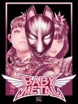  2girls babymetal bangs black_background border copyright_name dated fox_mask hair_behind_ear highres hiraoka_koushi kikuchi_moa logo looking_at_viewer mask monochrome multiple_girls nakamoto_suzuka one_eye_covered pink_border pink_theme ponytail real_life signature smile twintails 