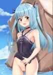  1girl :d absurdres ao_(flowerclasse) bangs bare_arms bare_shoulders black_ribbon black_swimsuit blue_hair blue_sky blush clothing_aside cloud collarbone commentary_request commission cowboy_shot day eiyuu_densetsu frilled_swimsuit frills hair_between_eyes hair_ribbon highres horizon long_hair looking_at_viewer ocean outdoors pussy ribbon rock sky smile solo standing swimsuit swimsuit_aside tio_plato two_side_up uncensored very_long_hair water yellow_eyes zero_no_kiseki 