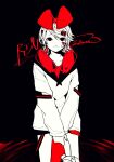  3kuma bandaid bandaid_on_face black_background black_eyes bow commentary cowboy_shot expressionless hair_bow hair_ornament hairclip highres kagamine_rin monochrome paw_print red_bow short_hair shorts standing vocaloid 