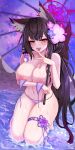  1girl 82jhin :d absurdres animal_ear_fluff animal_ears arm_under_breasts bangs bare_legs barefoot bikini black_hair blue_archive bow breasts brown_eyes commentary_request eyeshadow flower fox_ears hair_bow hair_flower hair_ornament hand_up highres korean_commentary large_breasts long_hair looking_at_viewer makeup navel nipples pink_flower purple_bikini purple_bow purple_flower seiza sitting smile solo stomach swimsuit thigh_strap thighs tongue tongue_out topless very_long_hair wakamo_(blue_archive) water 