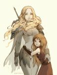  2girls black_eyes blonde_hair blue_eyes bodysuit breasts brown_hair clare_(claymore) claymore clenched_hand dress floating_hair grey_bodysuit hand_on_another&#039;s_back long_hair medium_breasts multiple_girls parted_lips philiera red_dress scared smile teresa_(claymore) 