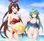  2girls :d amber_(genshin_impact) ball bare_arms bare_shoulders beachball bikini blue_sky breasts brown_eyes brown_hair cleavage cloud commentary_request covered_navel day elanphant eyewear_on_head genshin_impact green_hair groin hair_ribbon hand_up highres holding holding_ball long_hair looking_at_viewer medium_breasts multiple_girls no_eyewear off-shoulder_one-piece_swimsuit off_shoulder open_mouth orange_eyes outdoors red_bikini red_ribbon ribbon sky smile strapless strapless_bikini sucrose_(genshin_impact) sunglasses swimsuit thigh_strap thighs very_long_hair wading whistle whistle_around_neck 