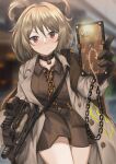  1girl bangs black_gloves blurry blurry_background blush breasts bullpup choker closed_mouth collared_shirt cowboy_shot double_bun english_commentary girls&#039;_frontline gloves gun hair_between_eyes hair_bun highres holding holding_phone jacket light_brown_hair looking_at_viewer necktie official_alternate_costume open_clothes open_jacket p90 p90_(girls&#039;_frontline) persocon93 phone red_eyes shirt short_hair smile solo submachine_gun weapon 