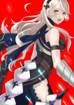  1girl bare_shoulders black_hairband black_thighhighs blurry corrin_(fire_emblem) corrin_(fire_emblem)_(female) depth_of_field fire_emblem fire_emblem_fates fire_emblem_heroes grey_background hairband highres long_hair looking_at_viewer looking_back official_alternate_costume open_mouth red_background red_eyes simple_background sleeveless solo thighhighs tyotto_ko_i zettai_ryouiki 