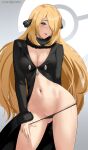  1girl absurdres arm_behind_back artist_name ass_visible_through_thighs black_jacket black_panties blonde_hair blue_eyes blush breasts cleavage contrapposto cowboy_shot cynthia_(pokemon) fur-trimmed_sleeves fur_collar fur_trim grey_background hair_ornament highres hioyami jacket long_hair looking_at_viewer medium_breasts navel no_bra open_clothes open_jacket panties panty_pull parted_lips pokemon pokemon_(game) pokemon_dppt smile solo stomach underwear very_long_hair 