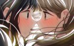  2girls absurdres arisugawa_bii bangs black_eyes black_hair blush brown_eyes brown_hair eye_contact food food_in_mouth highres long_hair looking_at_another multiple_girls original pocky pocky_in_mouth pocky_kiss wide-eyed yuri 