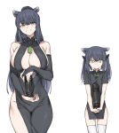  2girls absurdres animal_ears black_bow black_hair blue_archive bow breasts china_dress chinese_clothes commentary_request dildo dress dual_persona green_eyes grin hair_bow highres holding holding_dildo large_breasts long_hair looking_at_viewer multiple_girls no_panties ponytail sex_toy shun_(blue_archive) shun_(small)_(blue_archive) sidelocks smile sweat tassel thighhighs tiger_ears twintails urec white_thighhighs 