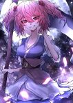  1girl 33_gaff bangs breasts cleavage coin full_moon grin hair_between_eyes hair_bobbles hair_ornament holding holding_scythe looking_at_viewer moon obi onozuka_komachi red_eyes red_hair sash scythe short_hair short_sleeves smile solo touhou two_side_up 