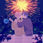  2boys aerial_fireworks black_hair brown_hair fireworks glasses hand_fan hand_on_another&#039;s_shoulder highres imminent_kiss index_finger_raised japanese_clothes jinnai_enta kimono kuji_toi looking_at_another multiple_boys night outdoors qi_yushi sarazanmai short_hair sitting summer_festival yaoi 