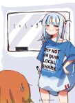  2girls =3 clothes_writing doyagao failure fish_tail gawr_gura hand_on_hip highres hololive hololive_english keisea math multiple_girls oversized_clothes oversized_shirt shark_tail shirt smug tail takanashi_kiara virtual_youtuber whiteboard 